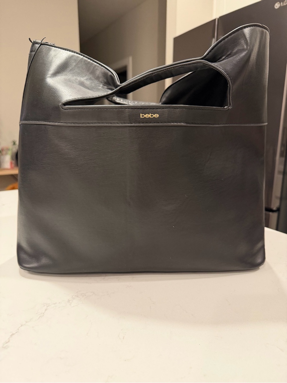 bebe Black Leather Shoulder Bag with Gold Logo
